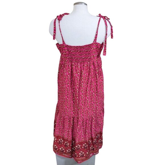 C C California Maxi Dress Sundress Large Smocked Tiered Cotton Pink Red Floral - Picture 3 of 9